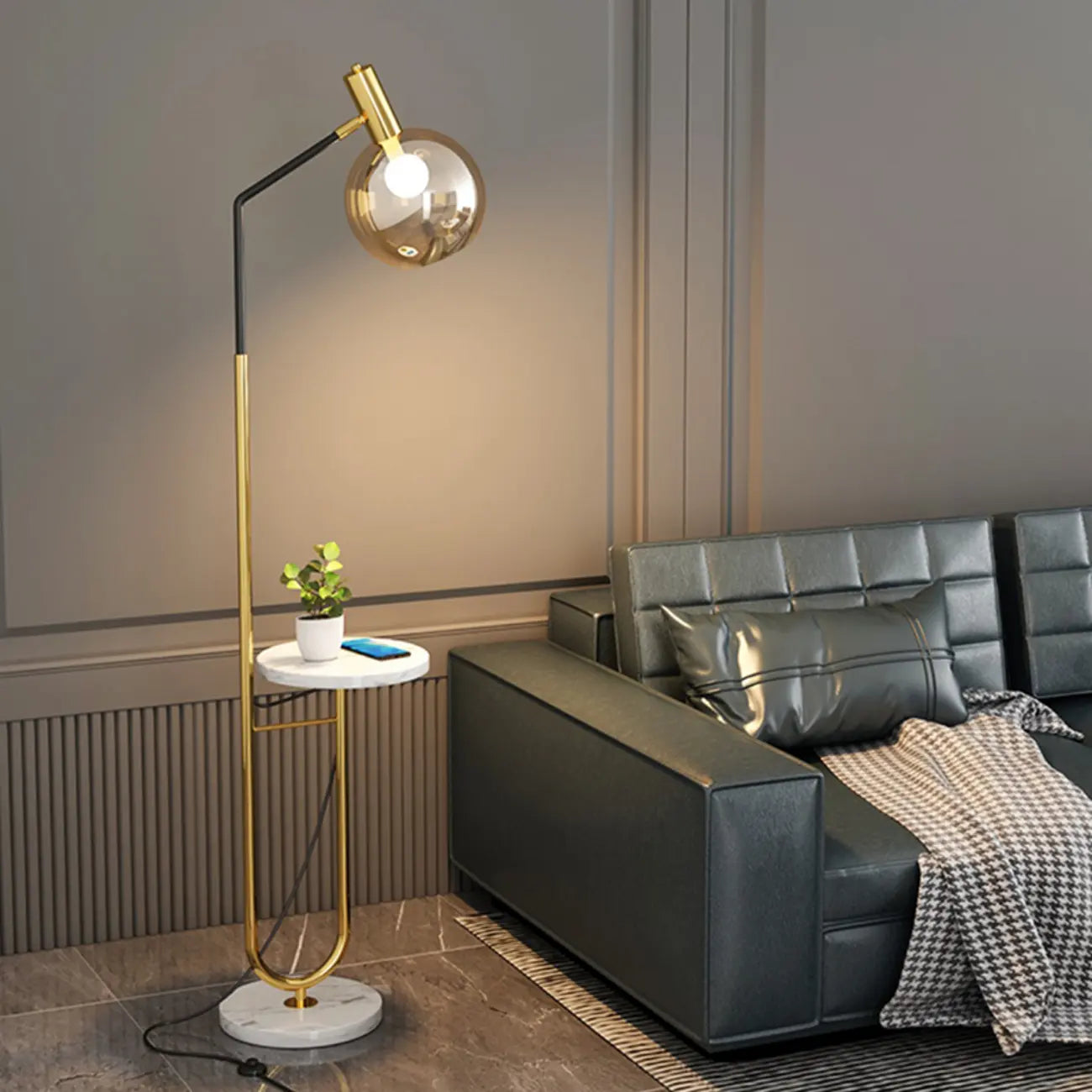 Modern Metal Globe Glass Arc Floor Lamp with Table