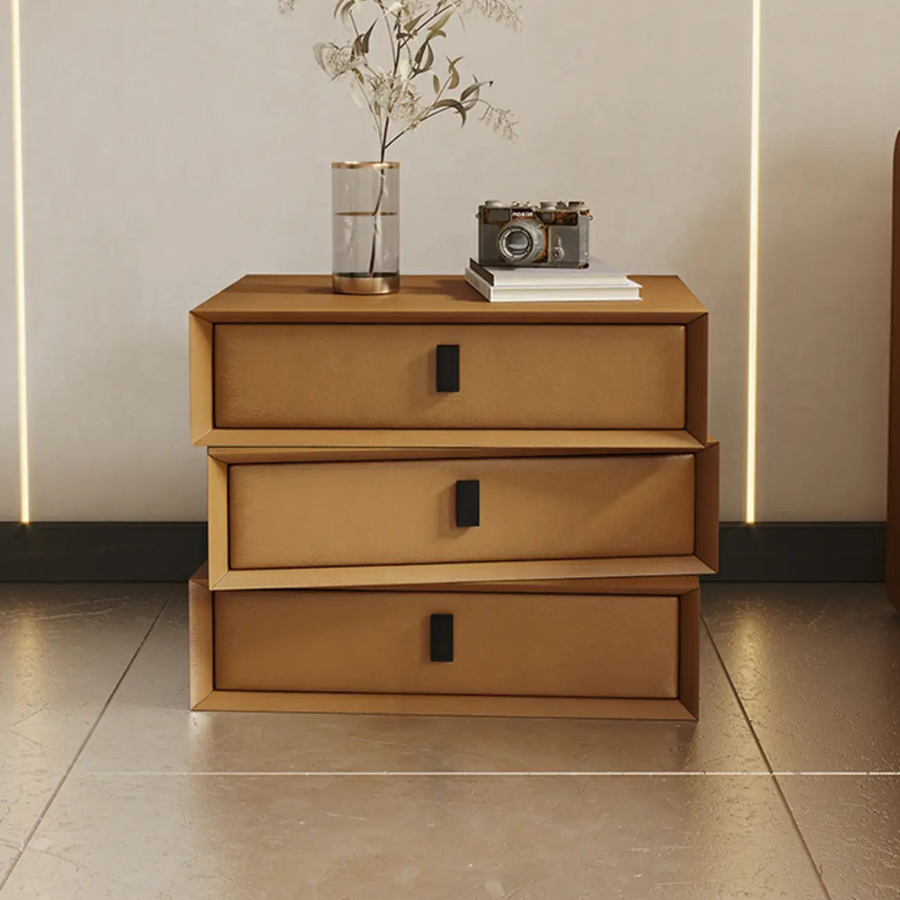 Compact Orange Faux Leather 3-Drawer Stacked Nightstand