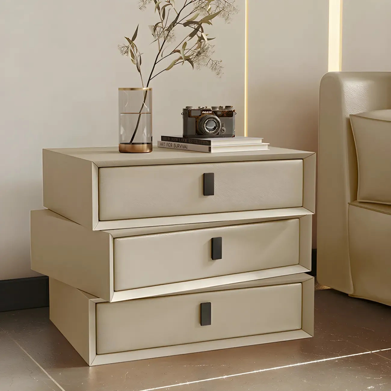 Compact Orange Faux Leather 3-Drawer Stacked Nightstand