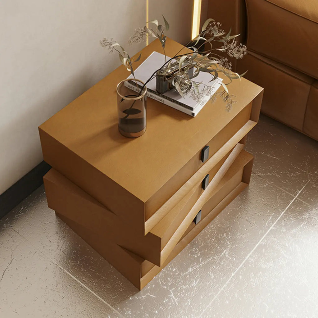 Compact Orange Faux Leather 3-Drawer Stacked Nightstand