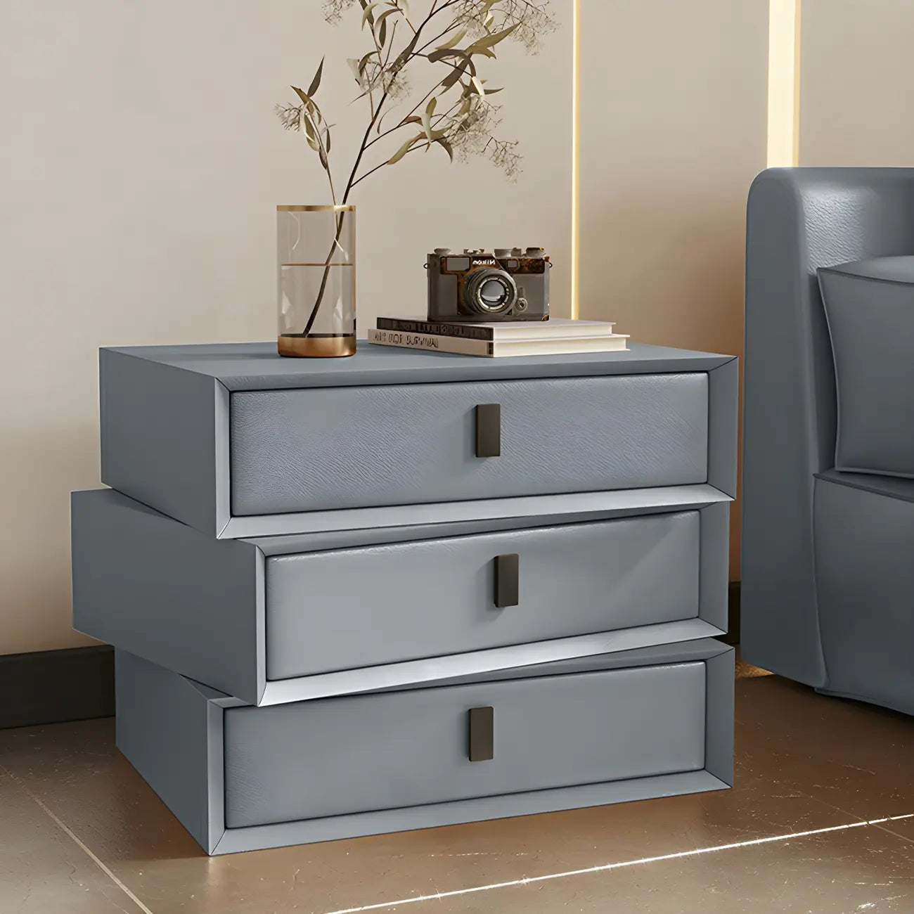 Compact Orange Faux Leather 3-Drawer Stacked Nightstand