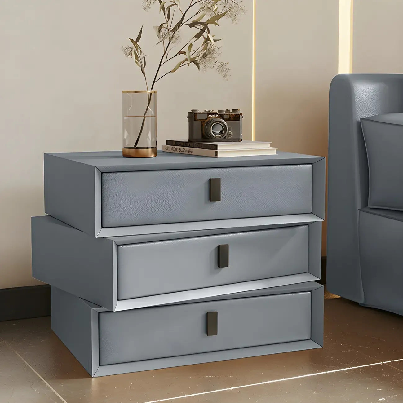 Compact Orange Faux Leather 3-Drawer Stacked Nightstand