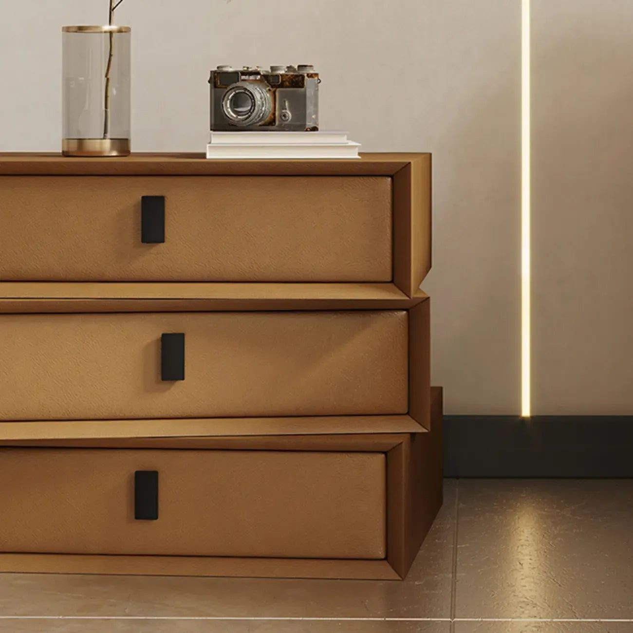 Compact Orange Faux Leather 3-Drawer Stacked Nightstand