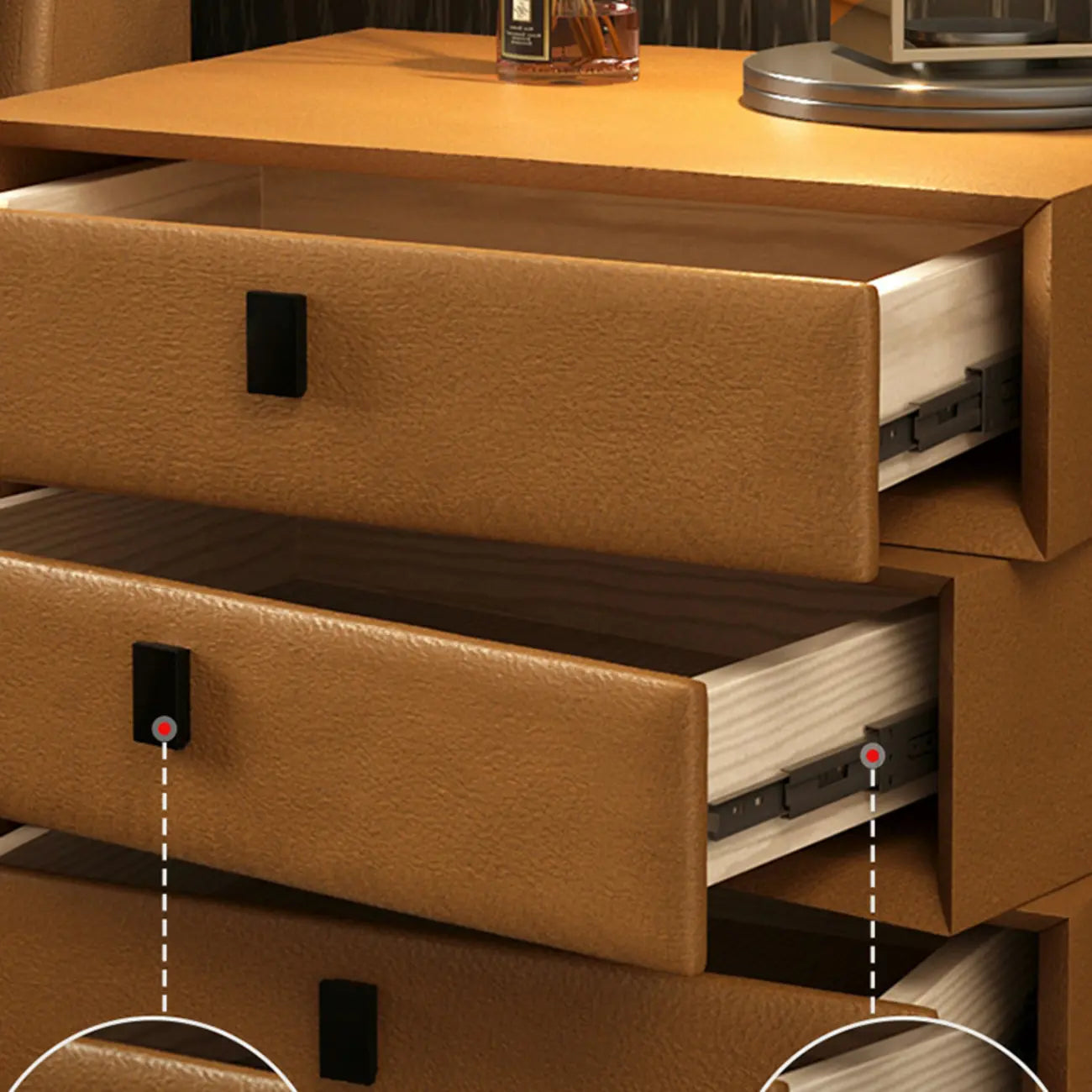 Compact Orange Faux Leather 3-Drawer Stacked Nightstand