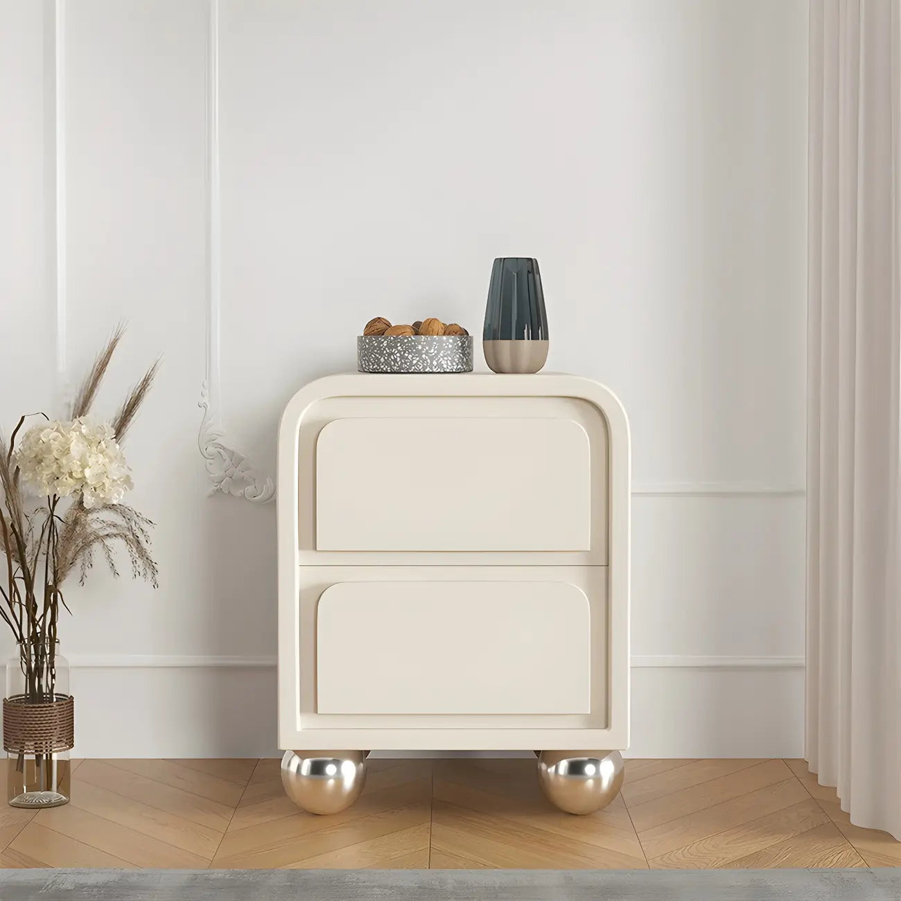 Narrow Off-White Faux Leather 2 Drawers Nightstand