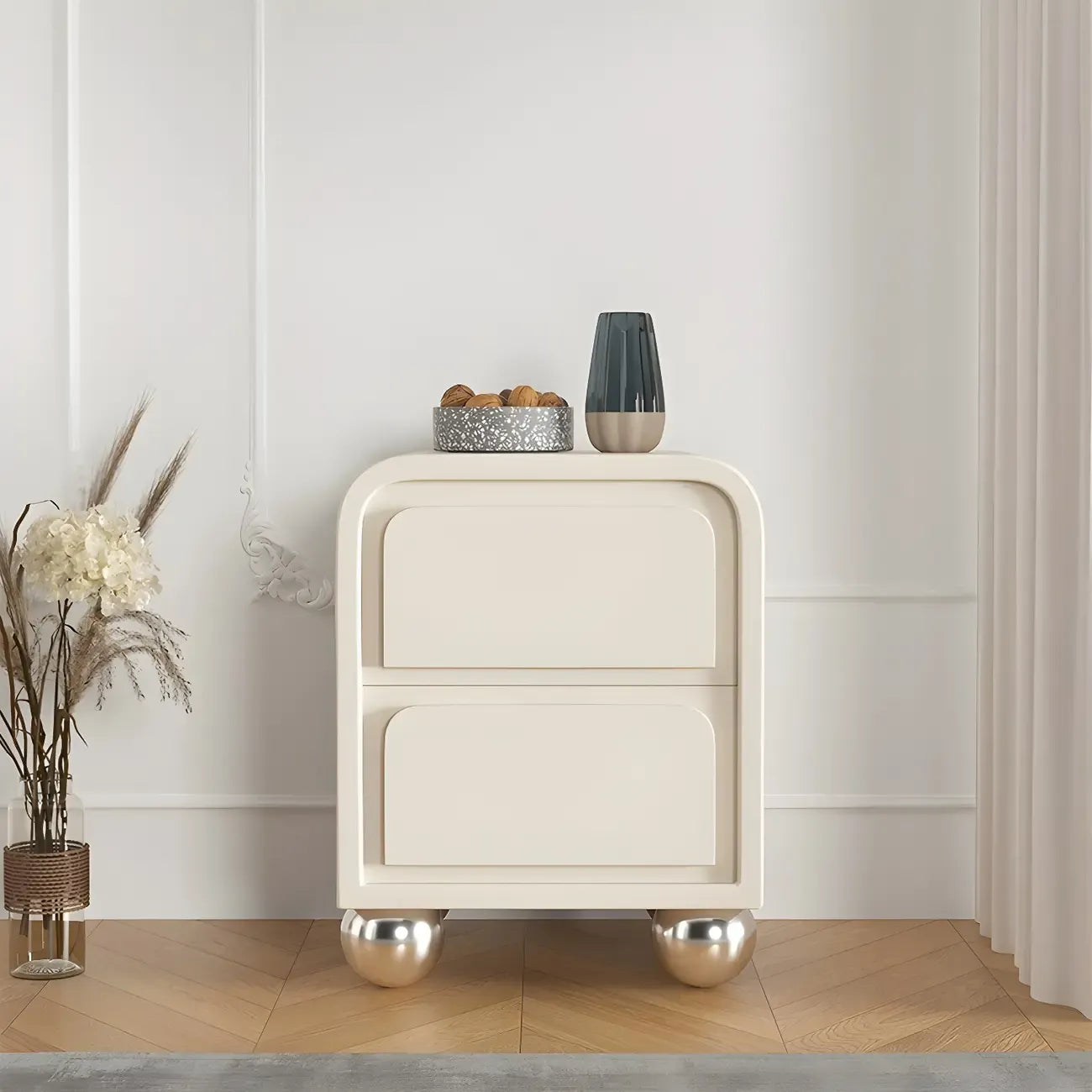 Narrow Off-White Faux Leather 2 Drawers Nightstand