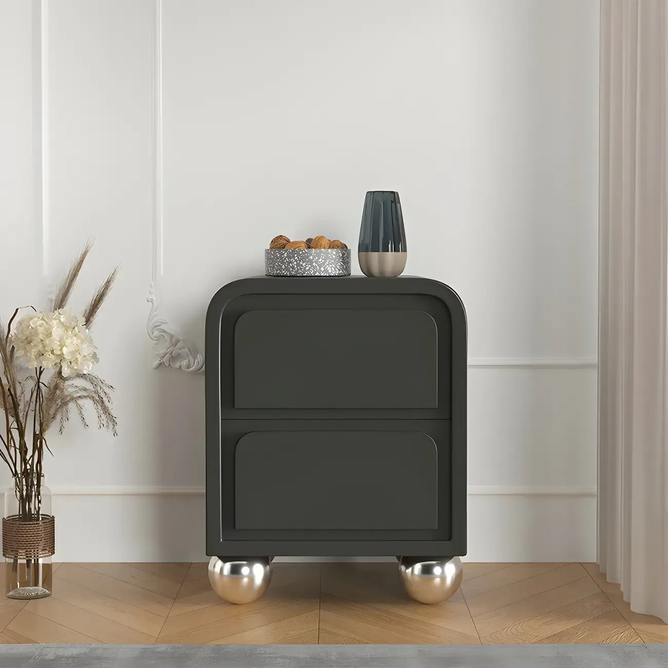 Narrow Off-White Faux Leather 2 Drawers Nightstand