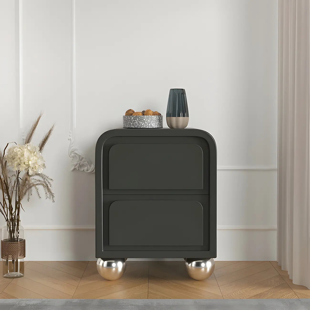 Narrow Off-White Faux Leather 2 Drawers Nightstand