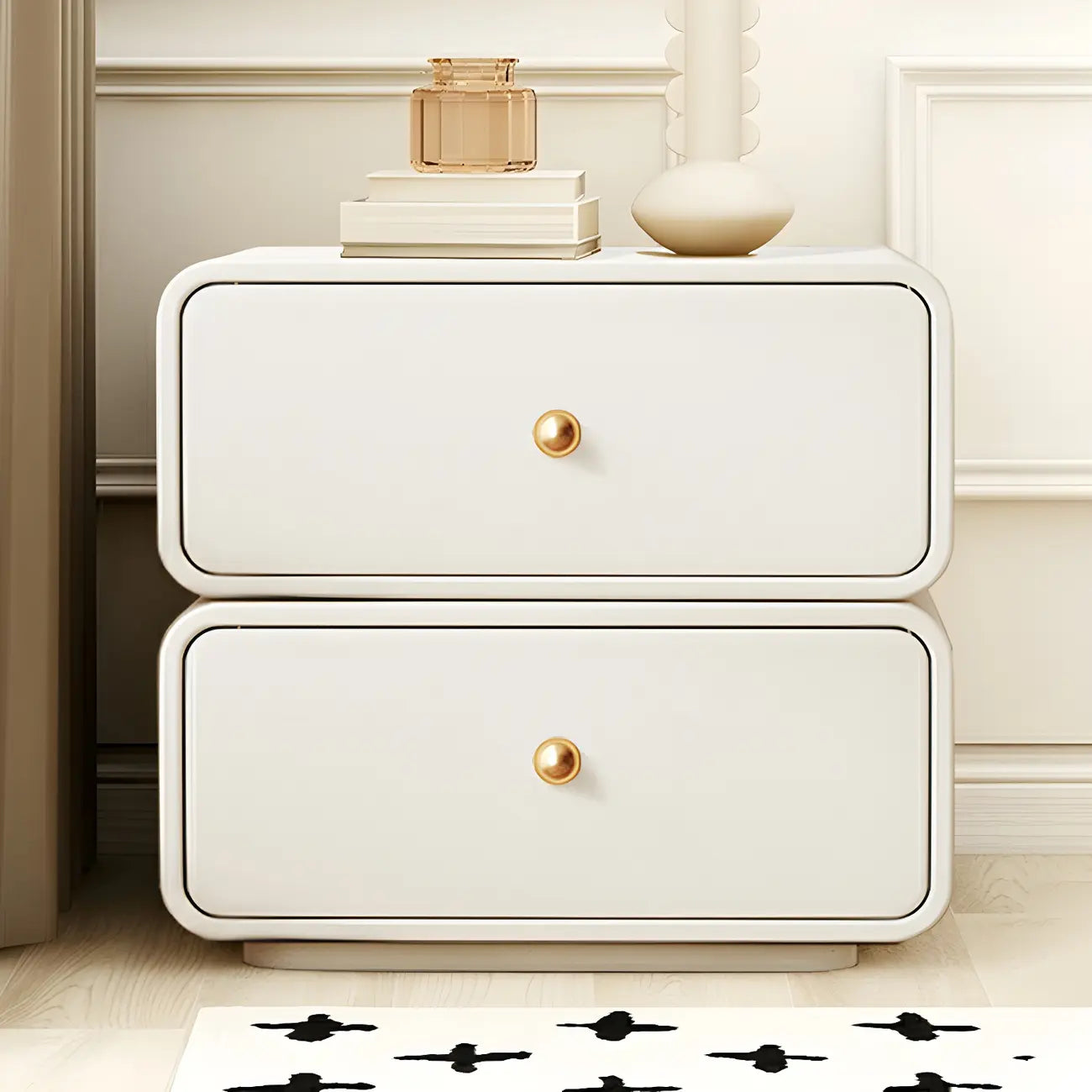 Modern White Faux Leather Rounded 2-Drawer Nightstand