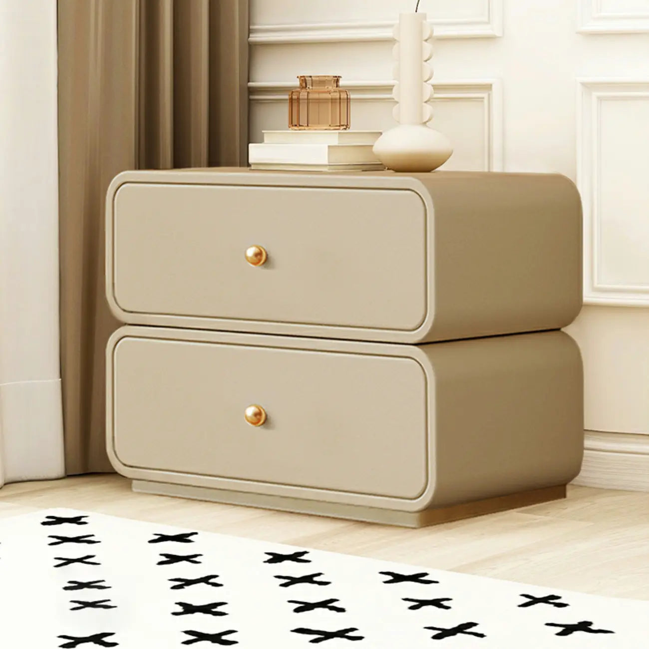 Modern White Faux Leather Rounded 2-Drawer Nightstand
