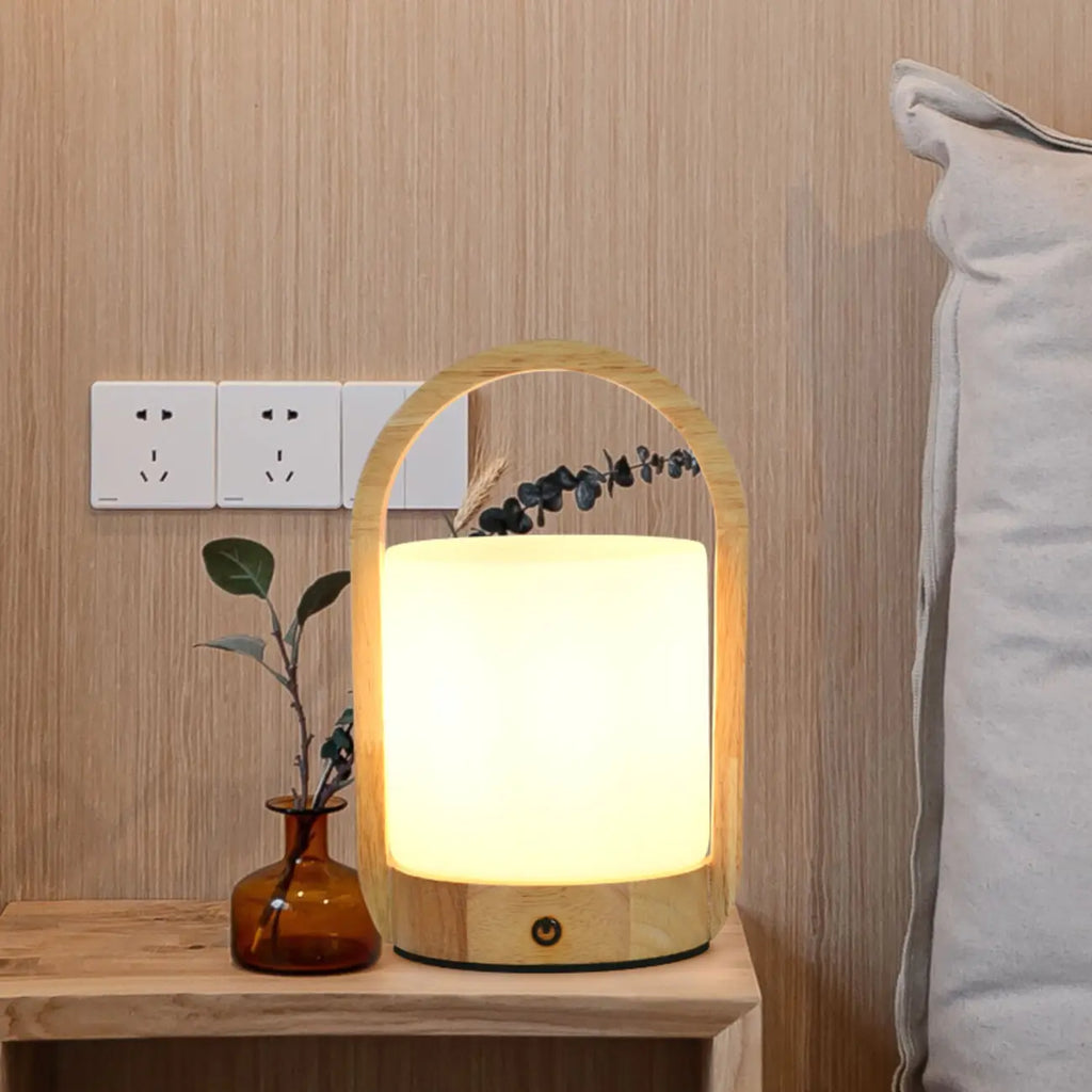 Natural Wood Barrel Glass Shade Cordless Table Lamp
