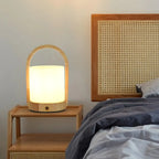 Natural Wood Barrel Glass Shade Cordless Table Lamp