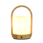 Natural Wood Barrel Glass Shade Cordless Table Lamp