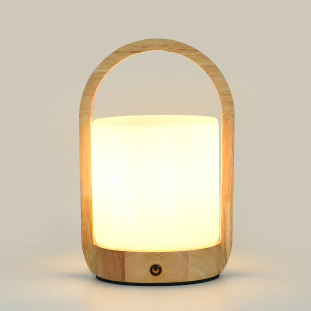 Natural Wood Barrel Glass Shade Cordless Table Lamp