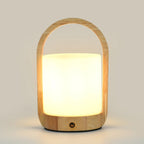 Natural Wood Barrel Glass Shade Cordless Table Lamp