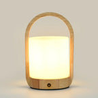 Natural Wood Barrel Glass Shade Cordless Table Lamp