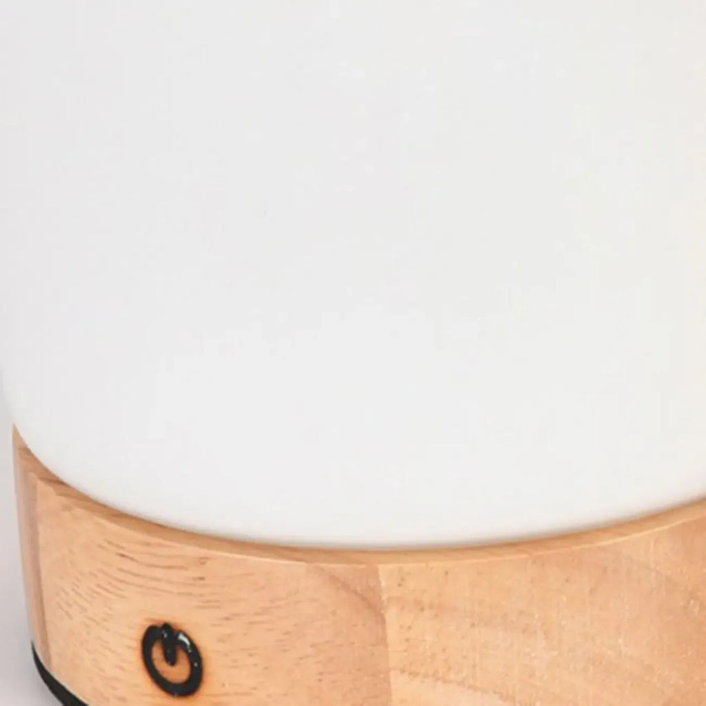 Natural Wood Barrel Glass Shade Cordless Table Lamp