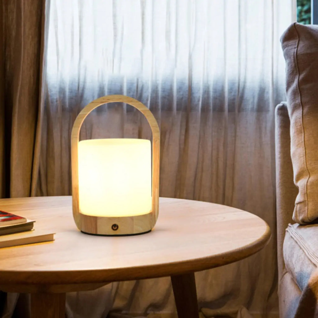 Natural Wood Barrel Glass Shade Cordless Table Lamp