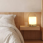 Natural Wood Barrel Glass Shade Cordless Table Lamp
