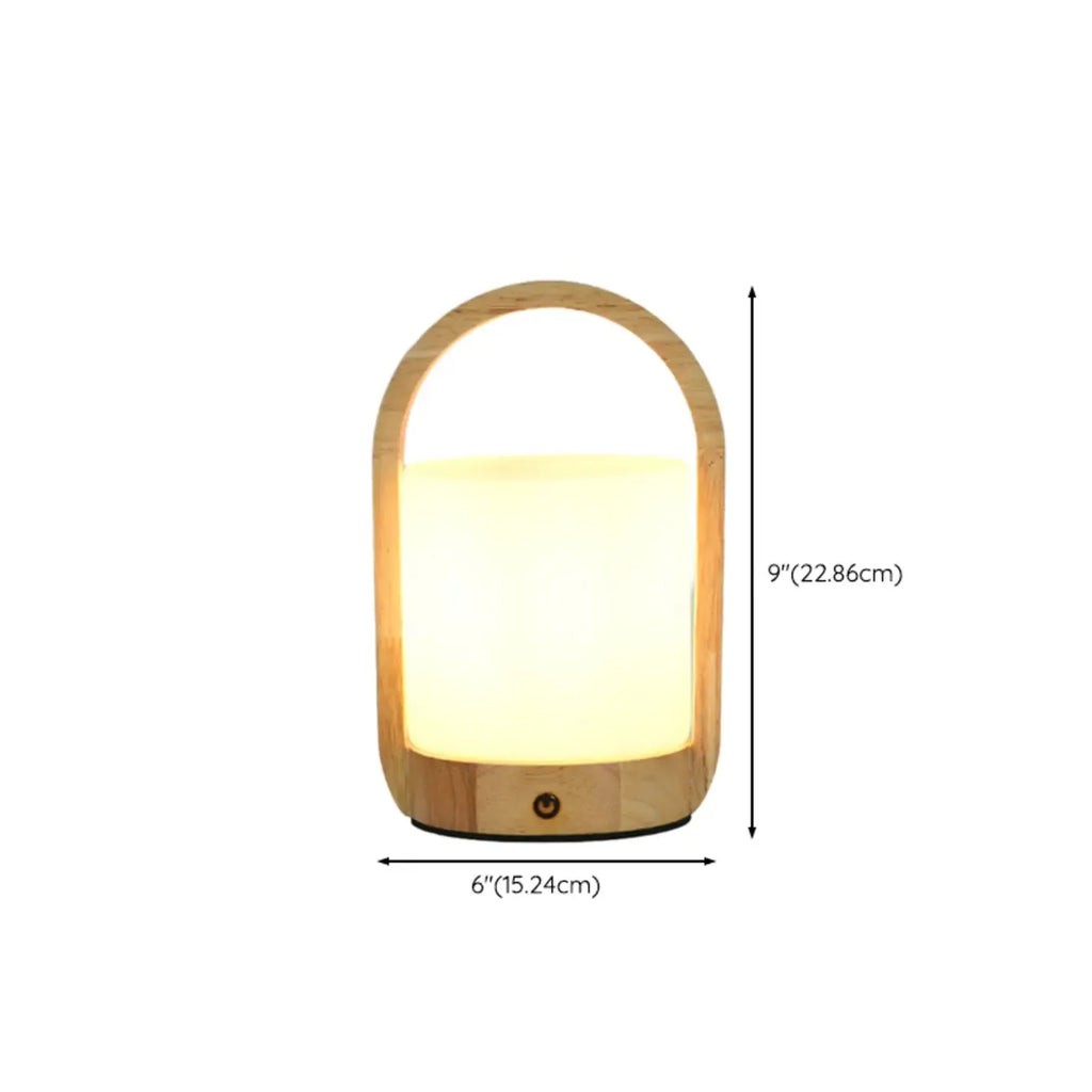 Natural Wood Barrel Glass Shade Cordless Table Lamp