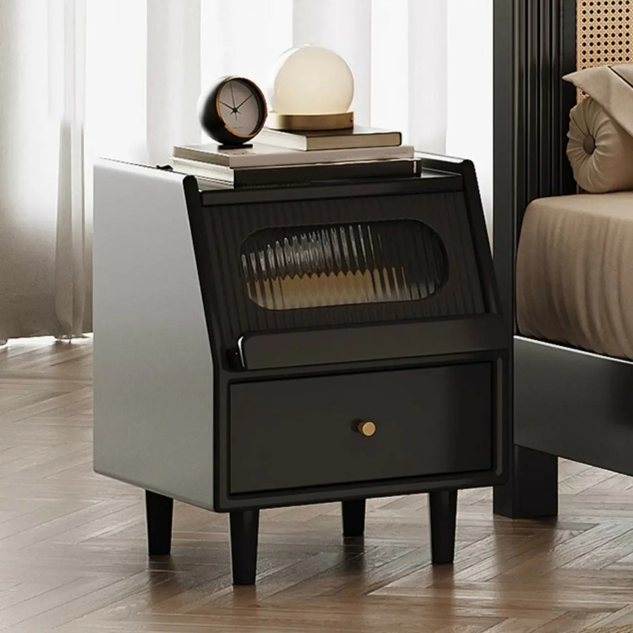 Narrow Black Wooden Drawer Storage Bedroom Nightstand