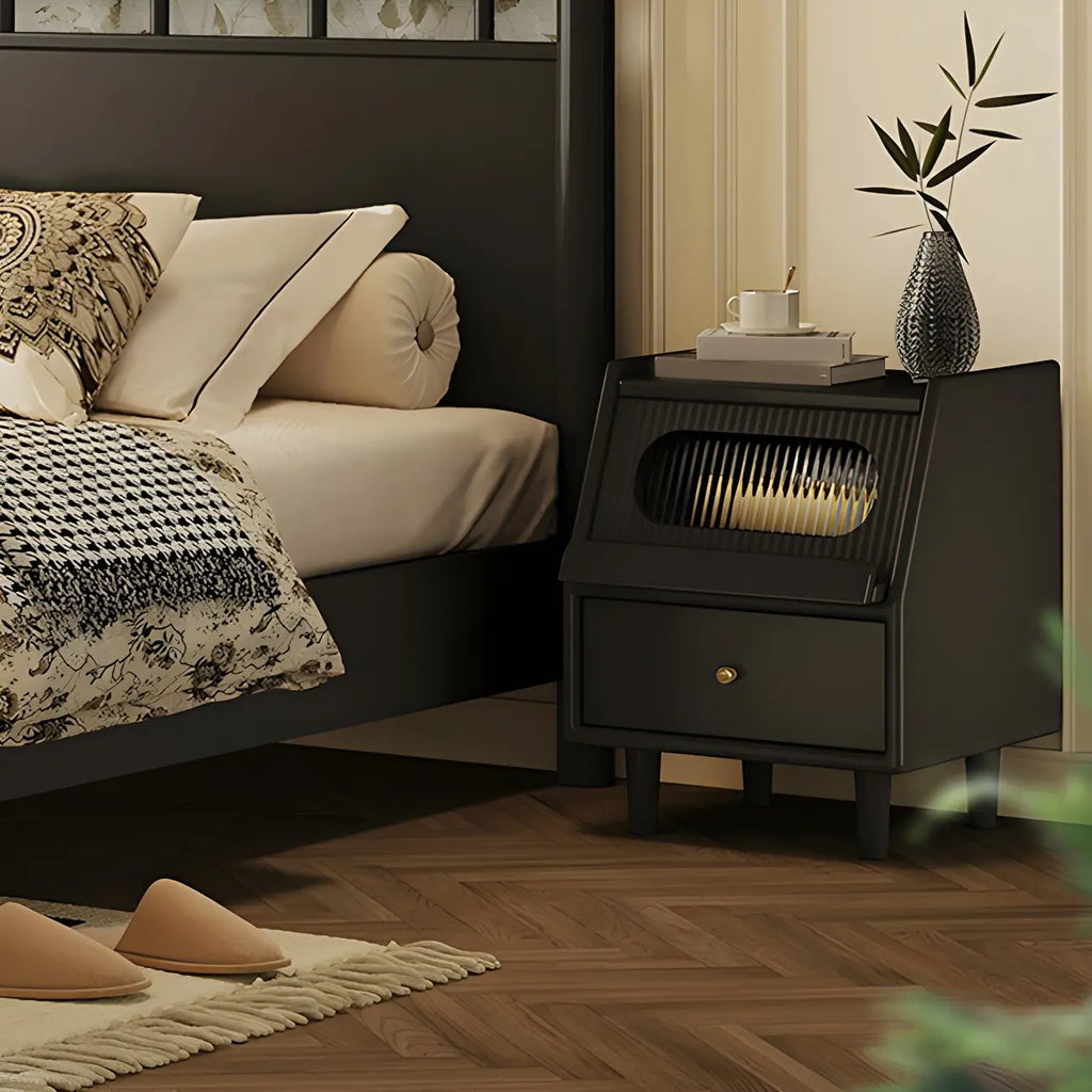 Narrow Black Wooden Drawer Storage Bedroom Nightstand