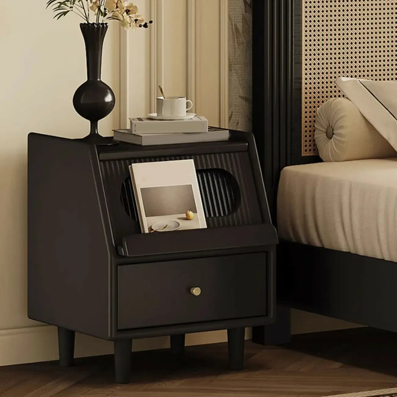 Narrow Black Wooden Drawer Storage Bedroom Nightstand