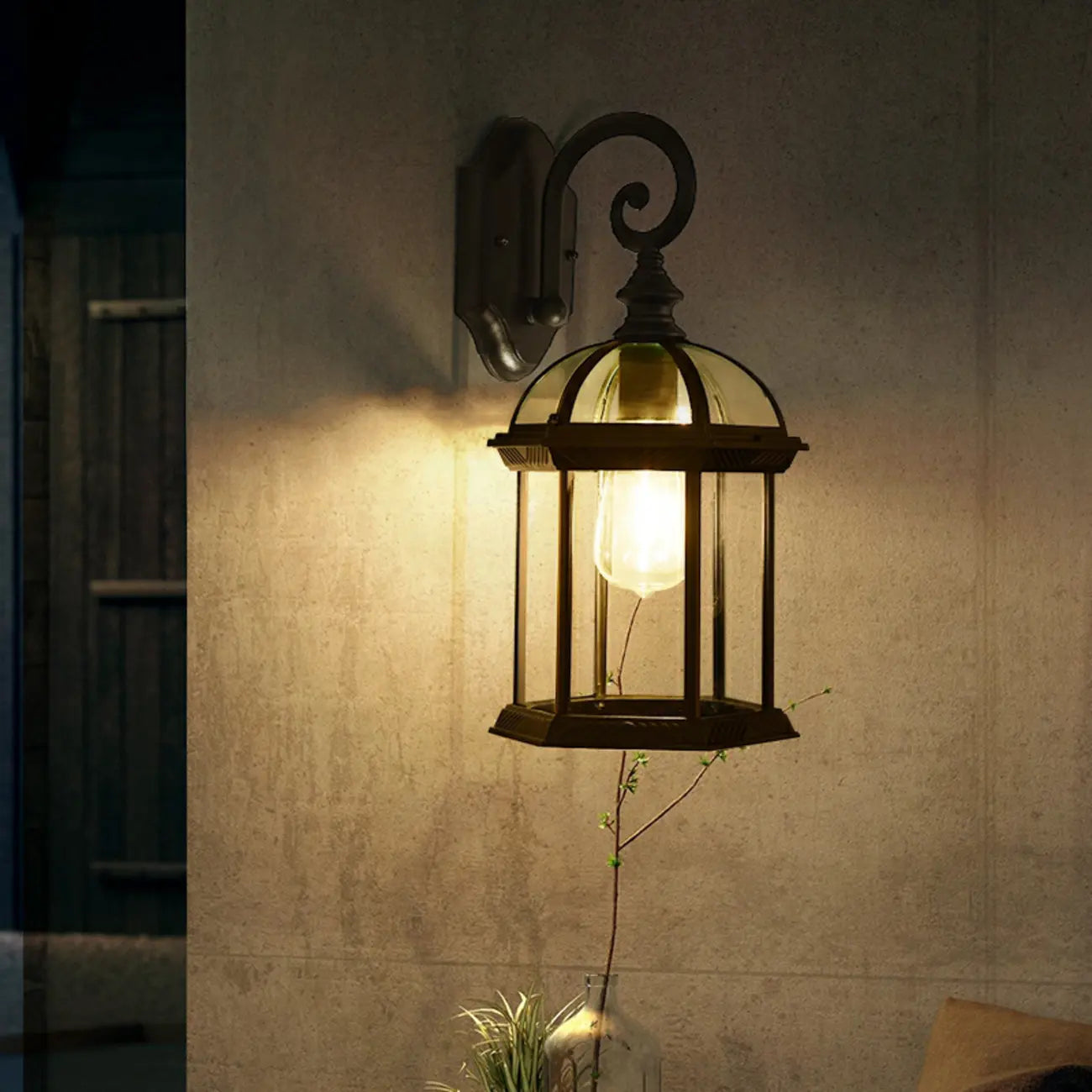Modern Black Metal Outdoor Wall Light Clear Glass Lantern