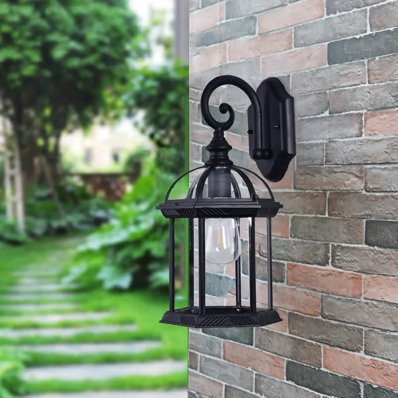 Modern Black Metal Outdoor Wall Light Clear Glass Lantern