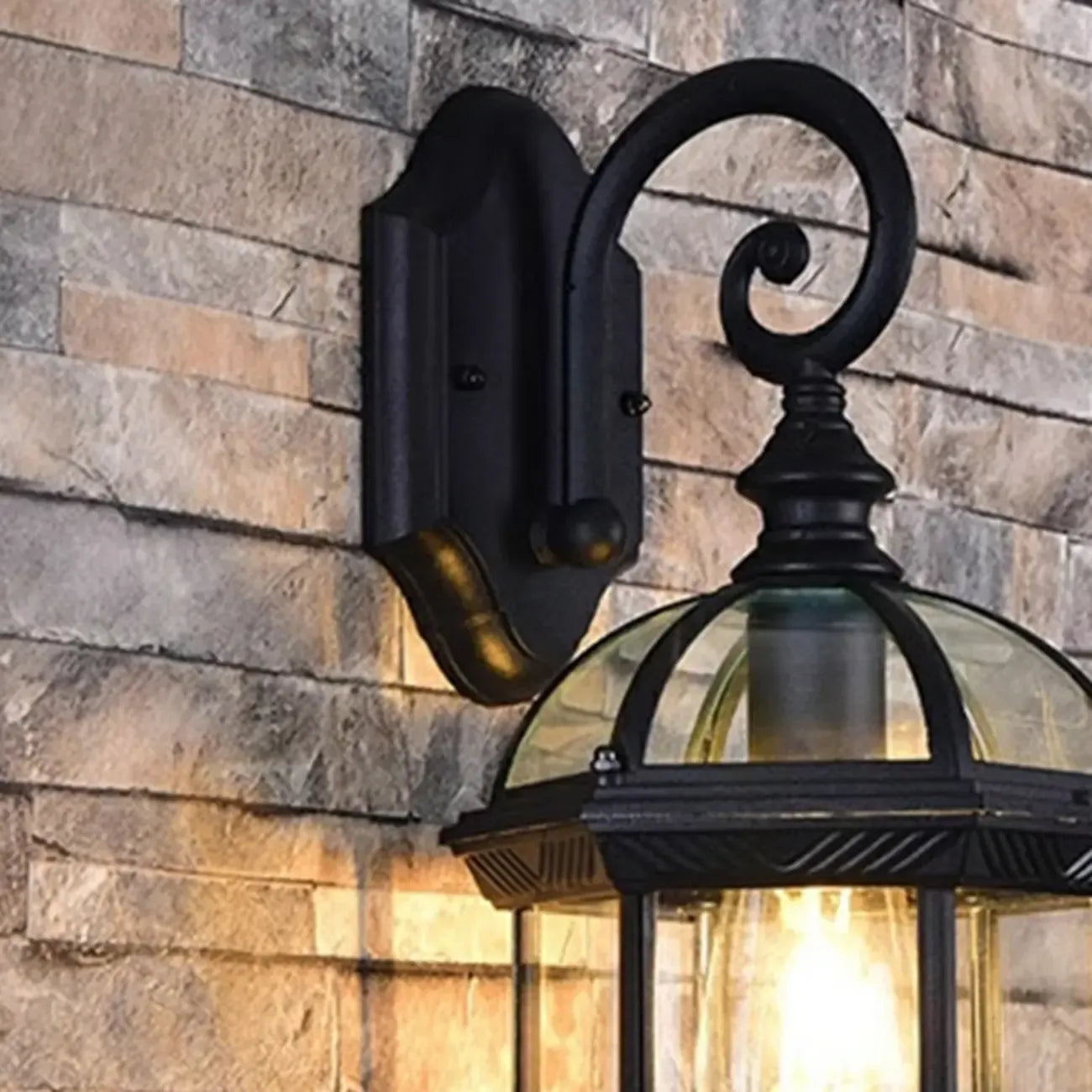 Modern Black Metal Outdoor Wall Light Clear Glass Lantern