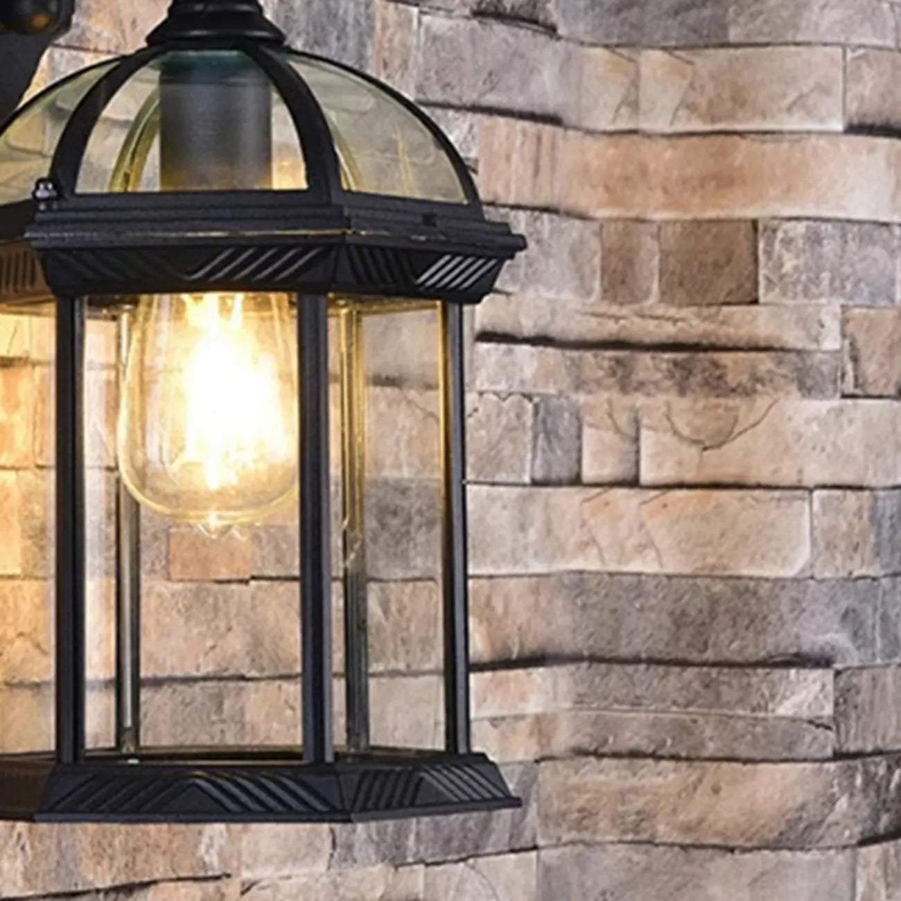Modern Black Metal Outdoor Wall Light Clear Glass Lantern
