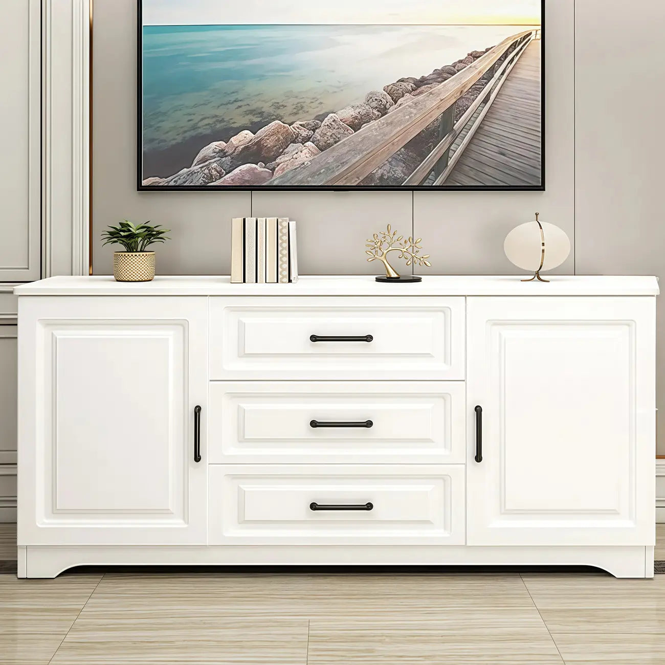 Modern Rectangular White 3-Drawer Wooden TV Stand