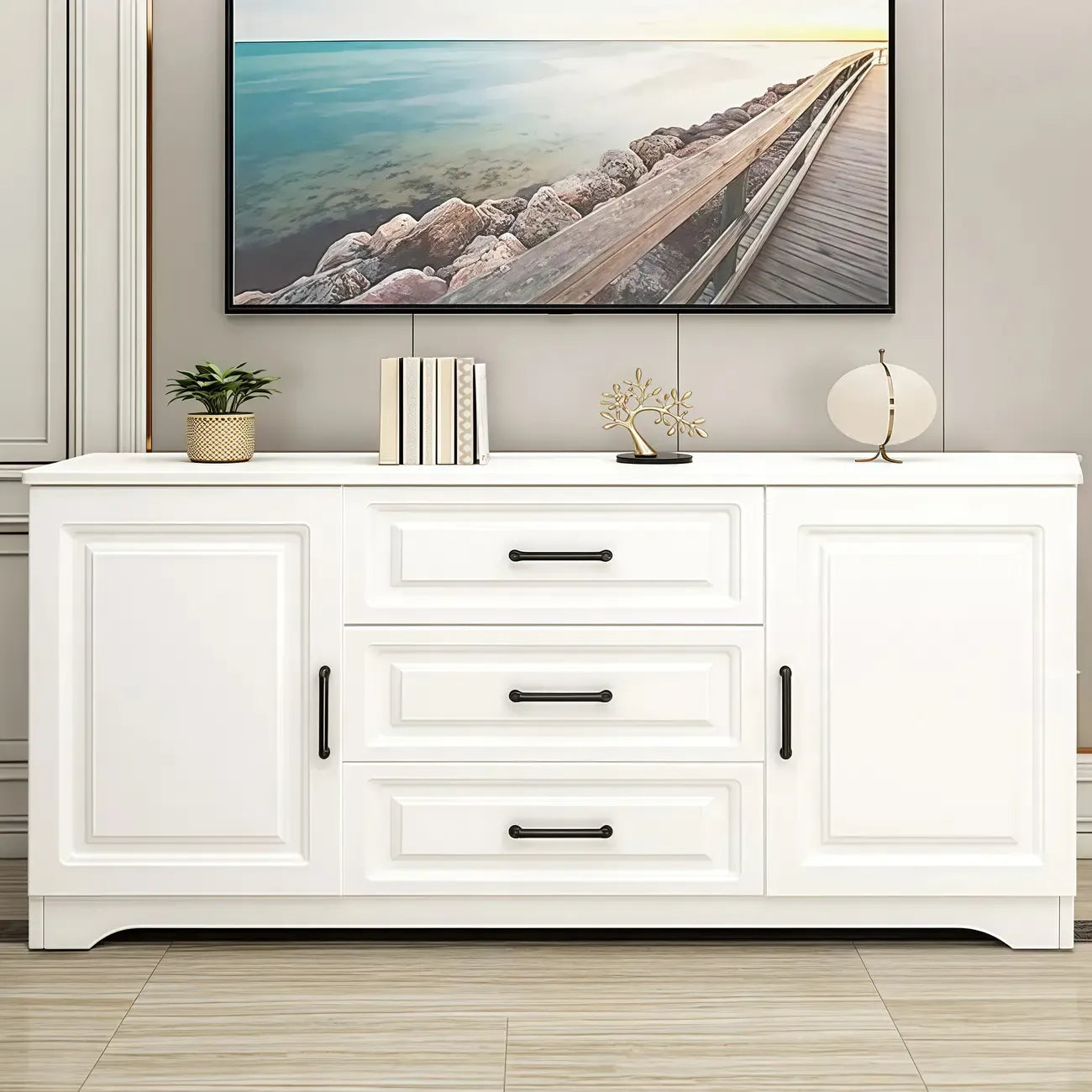 Modern Rectangular White 3-Drawer Wooden TV Stand