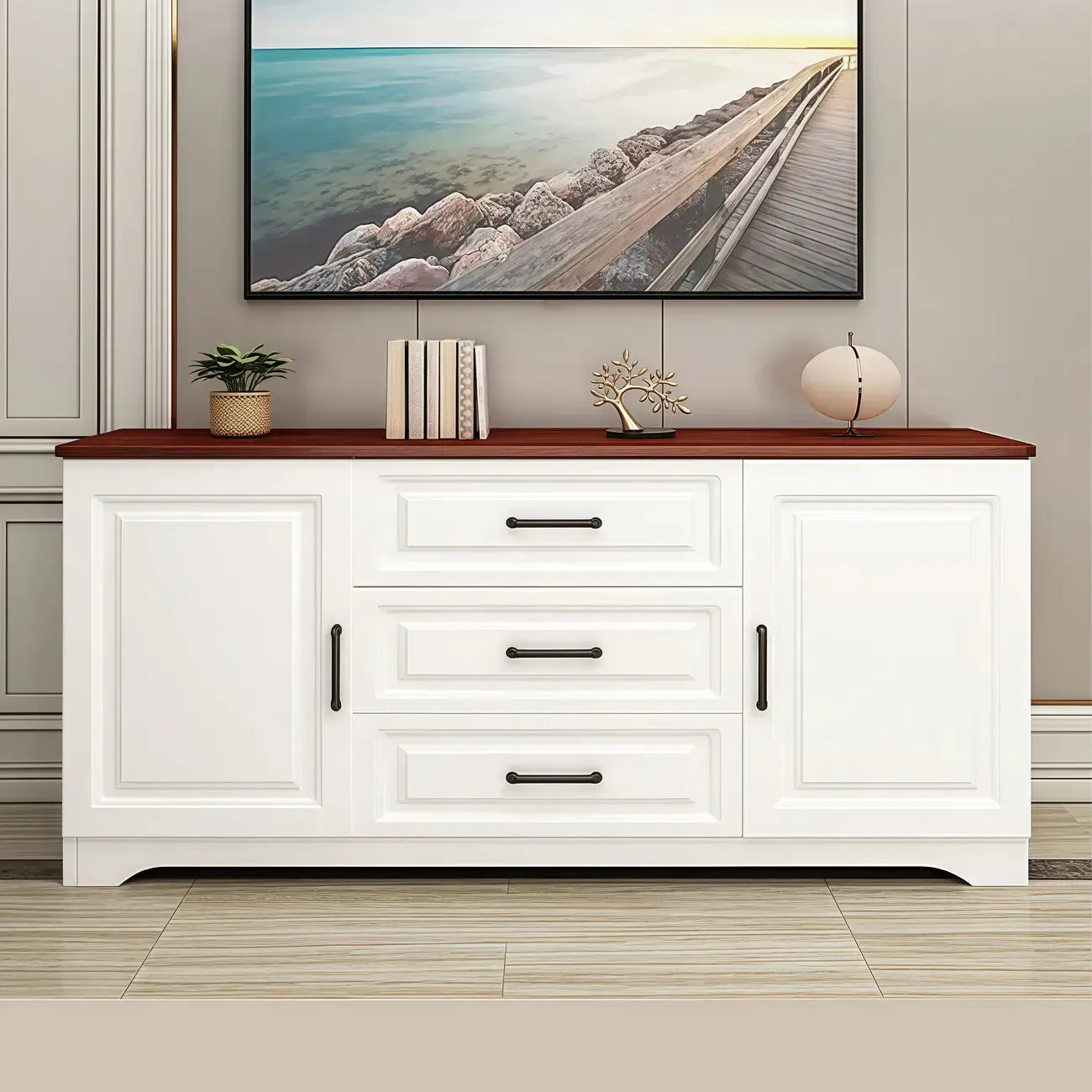 Modern Rectangular White 3-Drawer Wooden TV Stand