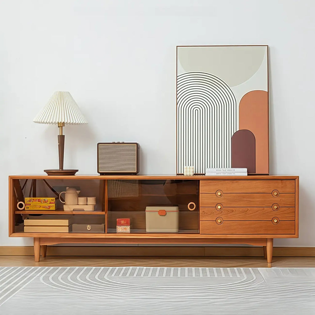 Long Scandinavian Cherry Wood TV Stand with Door