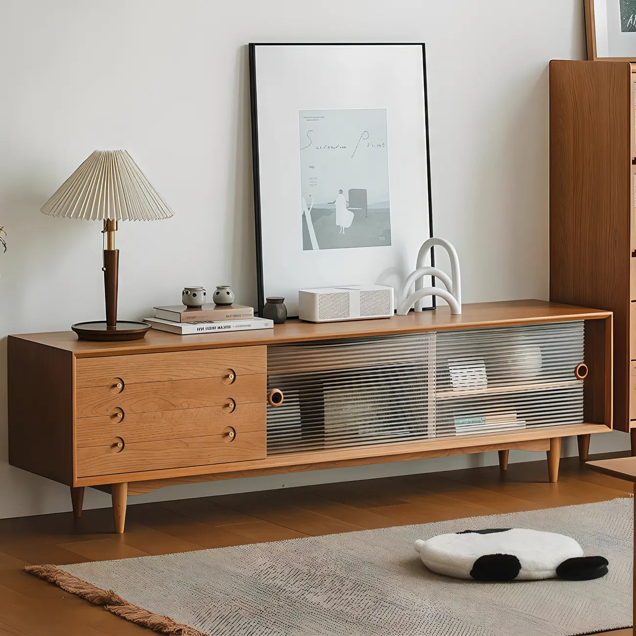 Long Scandinavian Cherry Wood TV Stand with Door