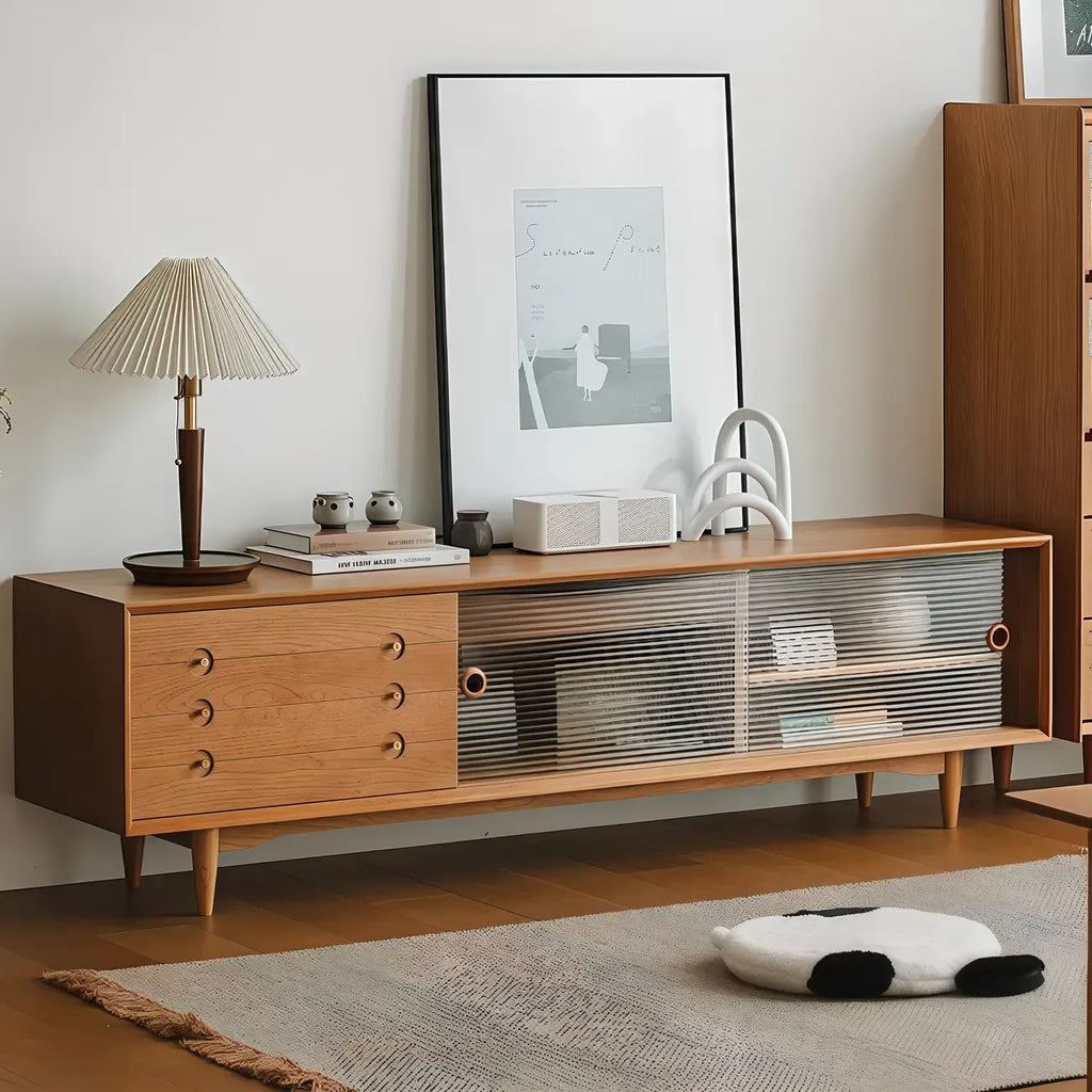 Long Scandinavian Cherry Wood TV Stand with Door