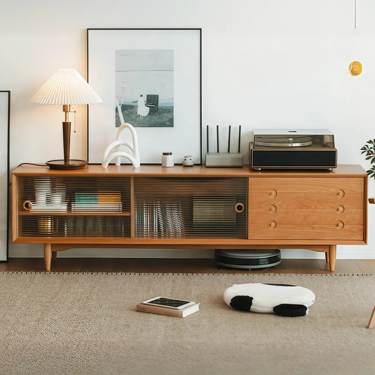 Long Scandinavian Cherry Wood TV Stand with Door