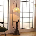 Adjustable Wooden Beige Dome Arc Floor Lamp with Table