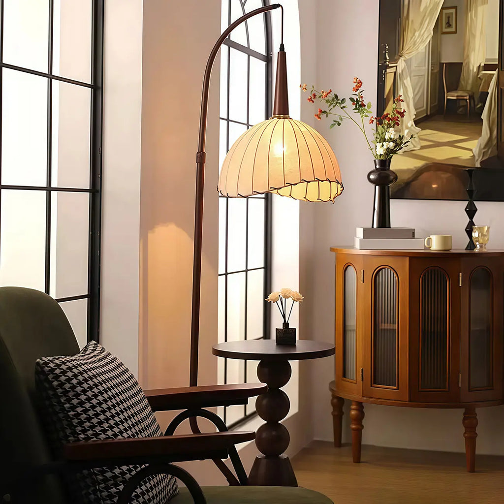 Adjustable Wooden Beige Dome Arc Floor Lamp with Table