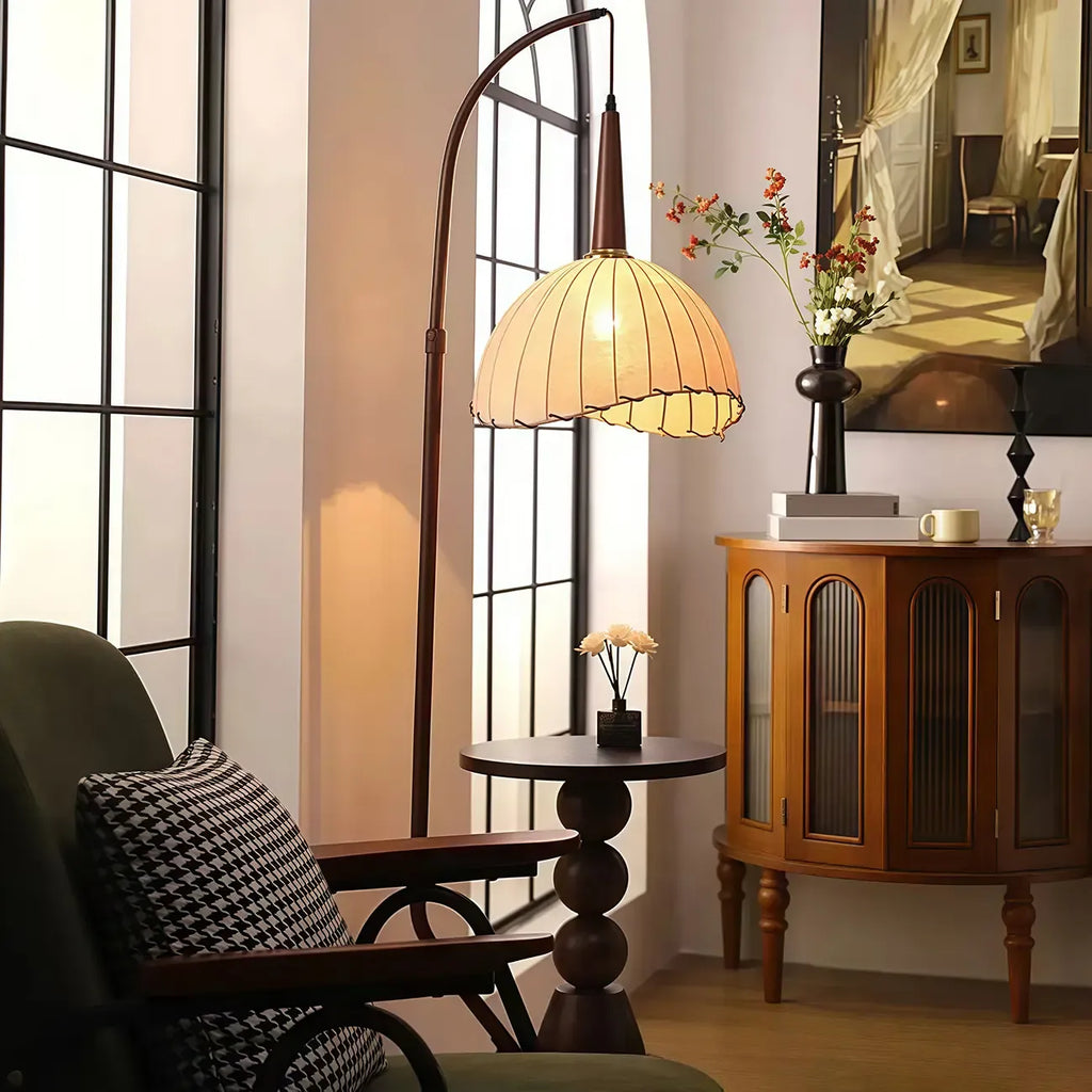 Adjustable Wooden Beige Dome Arc Floor Lamp with Table