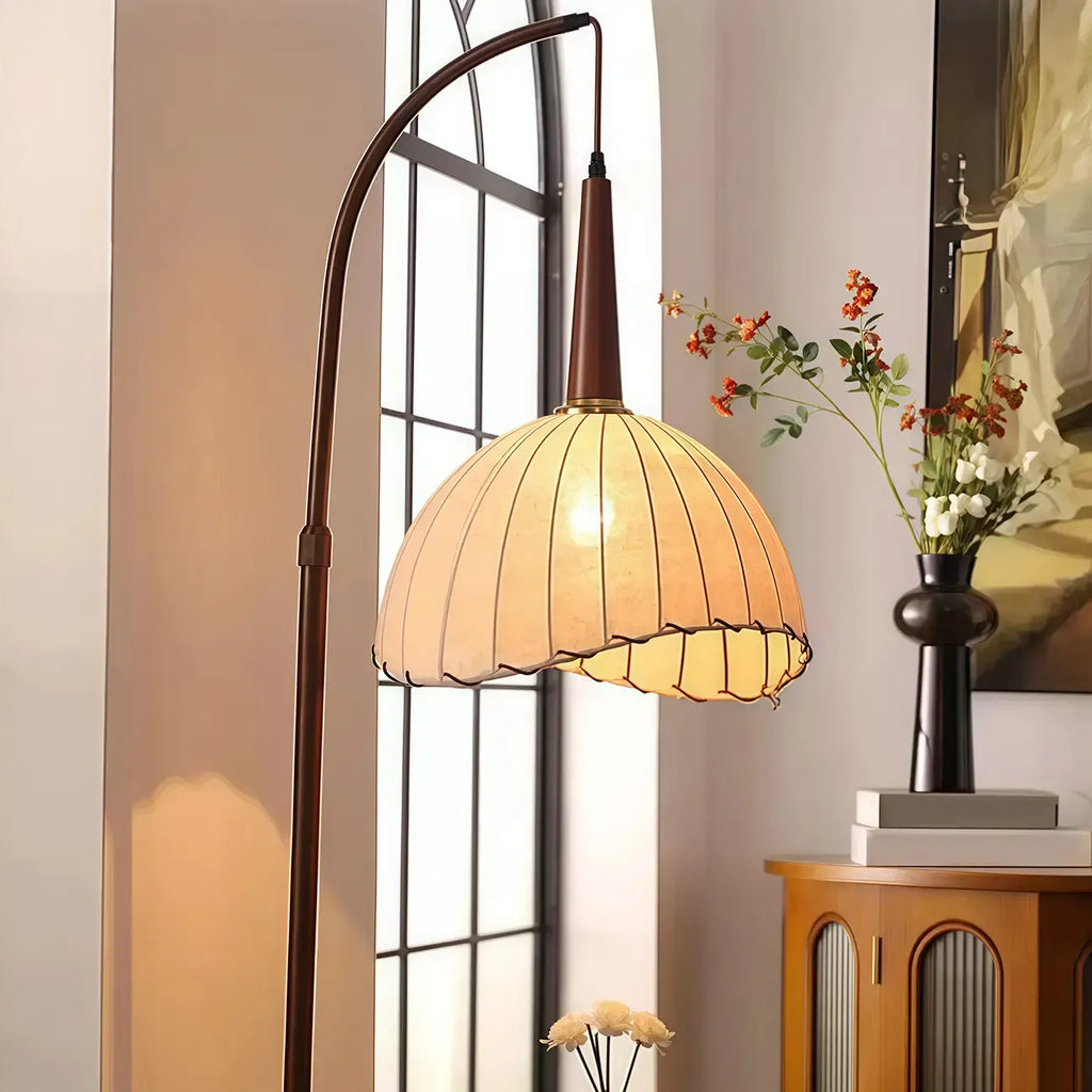 Adjustable Wooden Beige Dome Arc Floor Lamp with Table