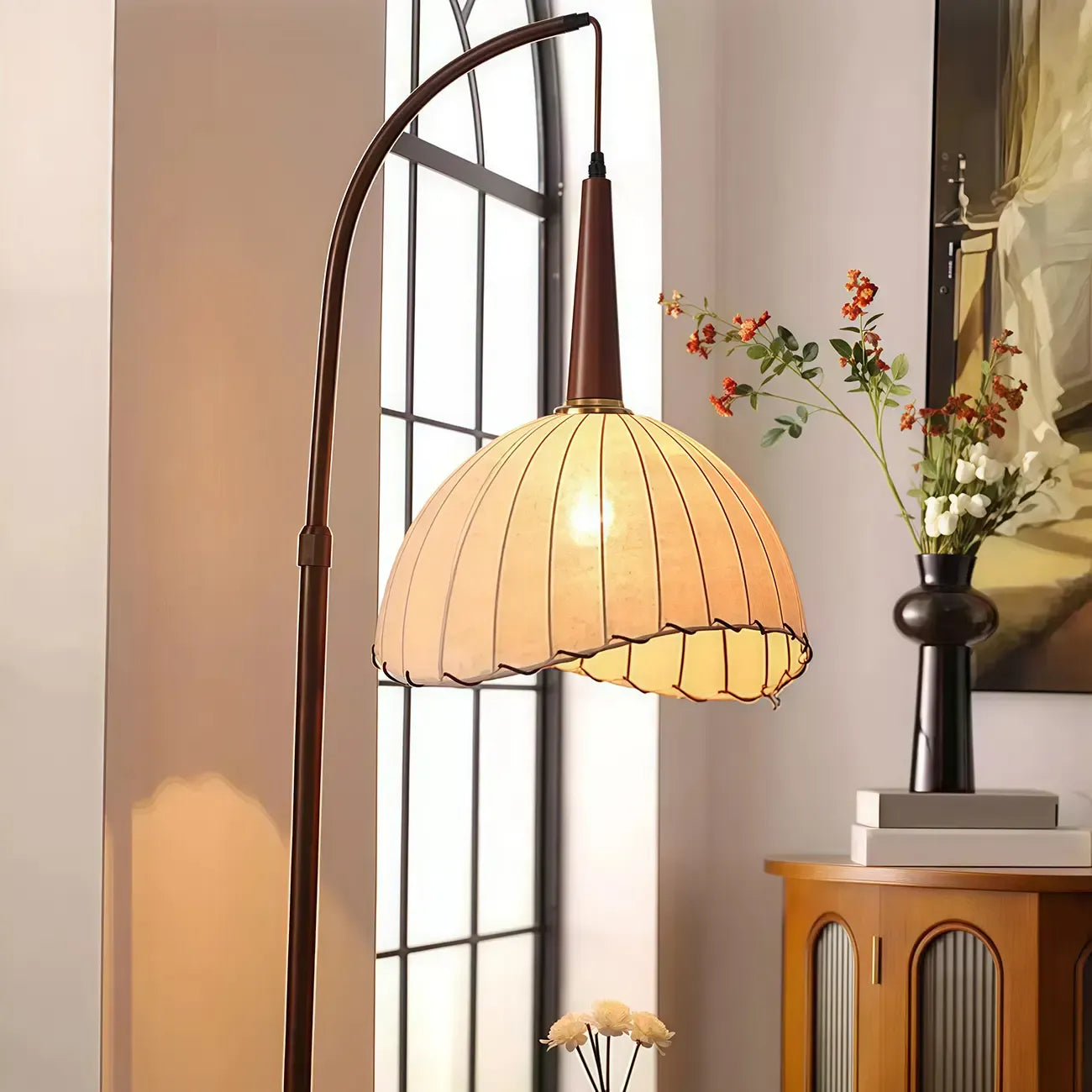 Adjustable Wooden Beige Dome Arc Floor Lamp with Table