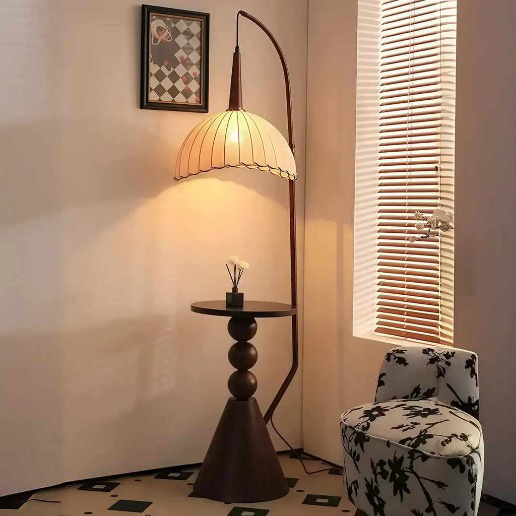 Adjustable Wooden Beige Dome Arc Floor Lamp with Table