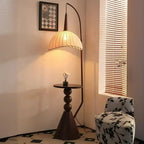Adjustable Wooden Beige Dome Arc Floor Lamp with Table
