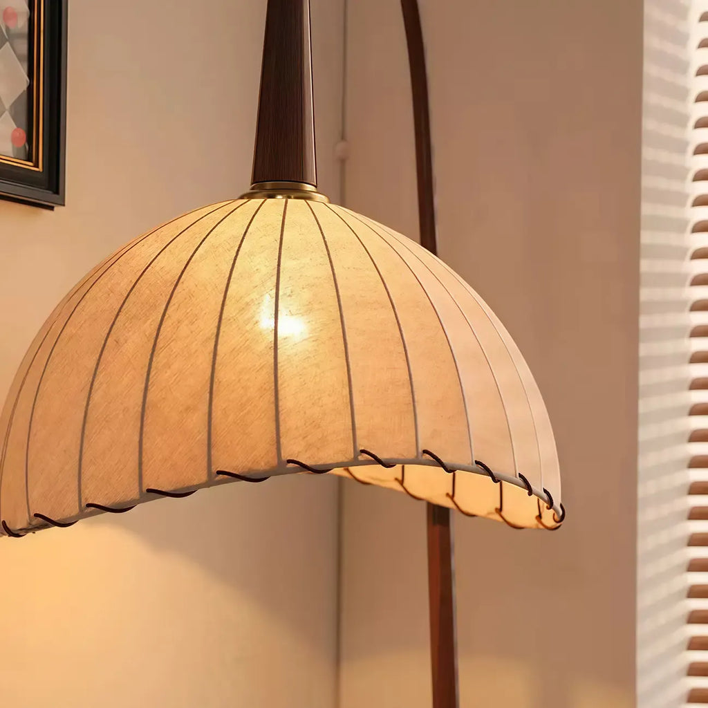 Adjustable Wooden Beige Dome Arc Floor Lamp with Table