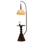 Adjustable Wooden Beige Dome Arc Floor Lamp with Table