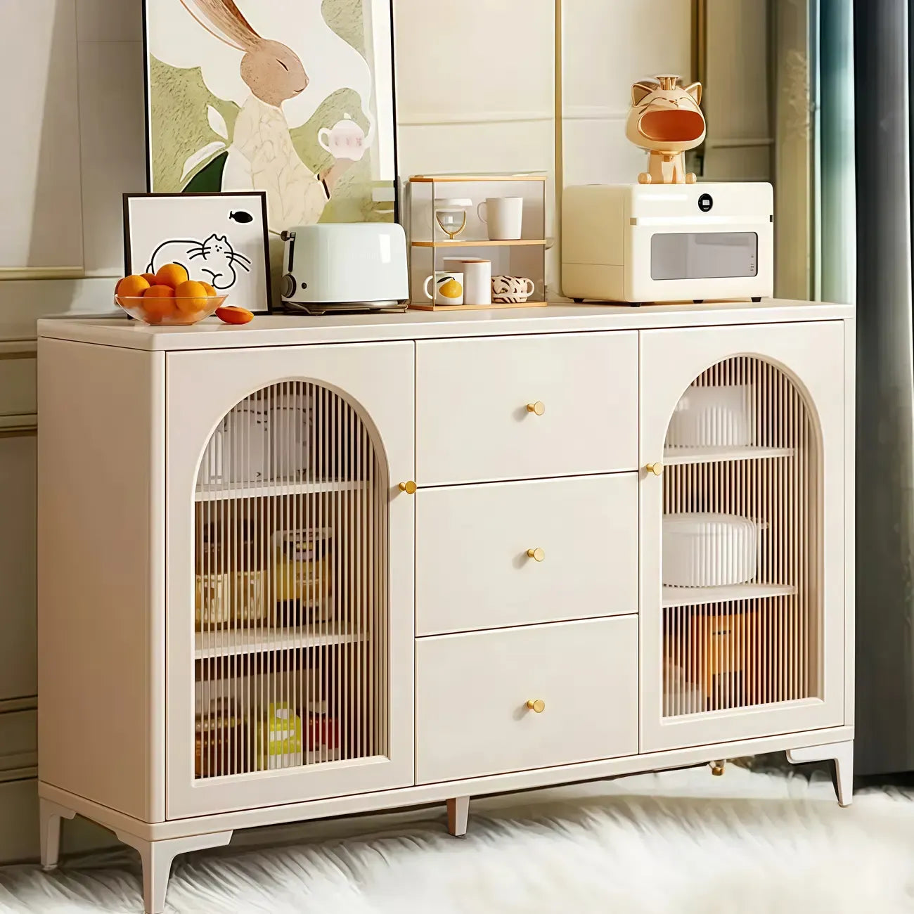 Scandinavian Cream Wood 2-Door Sideboard with Drawers