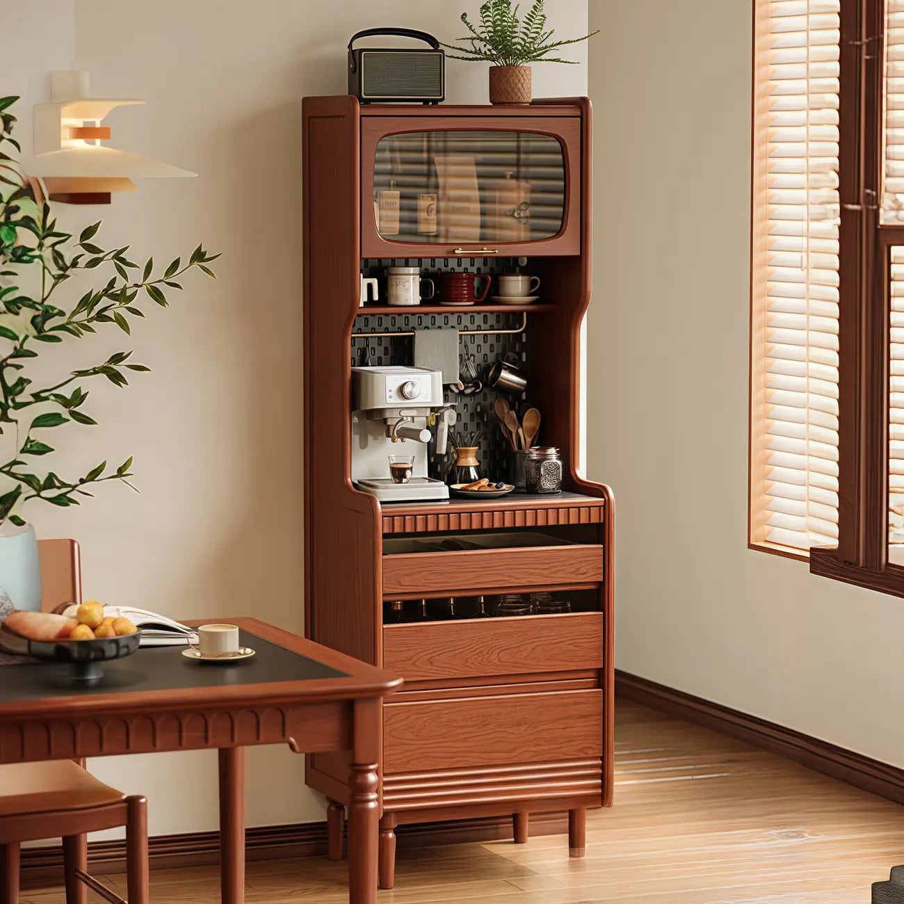 Narrow Brown Marble Countertop Wooden Display Buffet