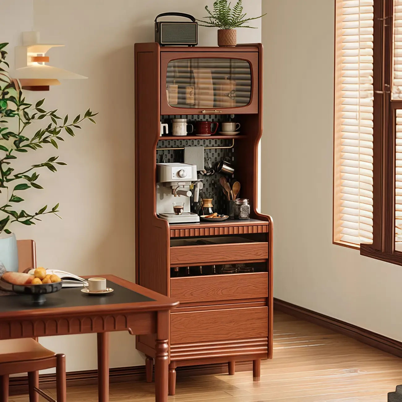 Narrow Brown Marble Countertop Wooden Display Buffet